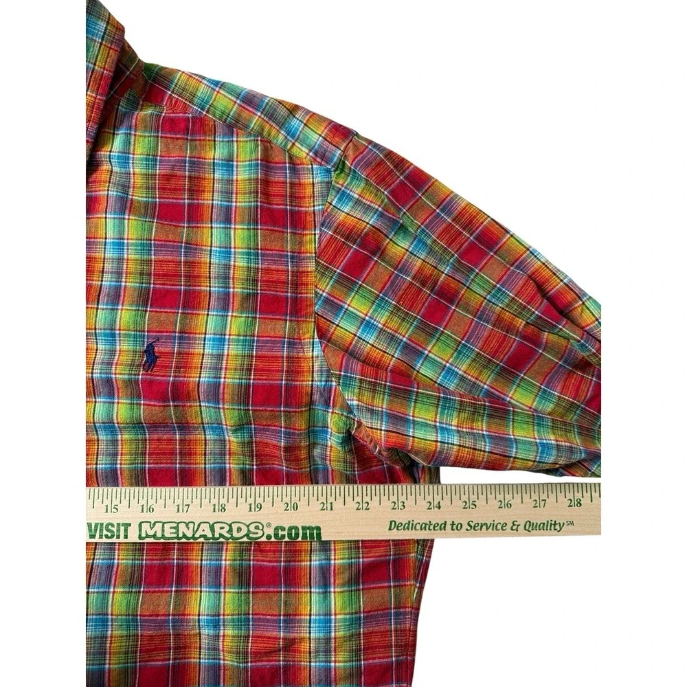 Ralph Lauren Linen Blend Long Sleeve Button Down Vibrant Plaid Blue‎ Pony Mens L